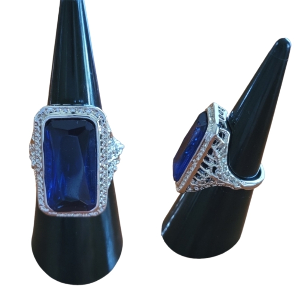 Blue Faux Sapphire Emerald‎ Cut Cocktail Ring Silver Halo Filigree Band Size 7